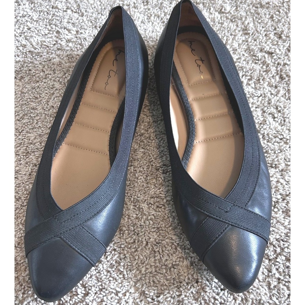 Me Too Reign Black Leather Pointed Toe Flats Elastic Strap Shoes SZ 10M